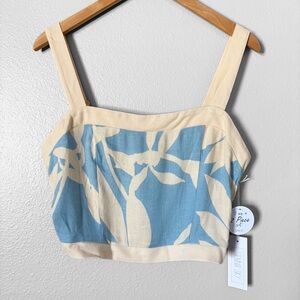 Sienna Sky Linen Blend Crop Top Blue Beige Abstract Leaf Pattern Womens Large